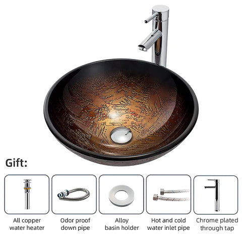 USZWBY Bathroom Vessel Sink with Faucet and Drain Combo Vessel Bowl Sink Tempered Glass Countertop Sink Bowl Round Brown Art Above Counter Sink Art Basin, Thickness 12 Cm, featuring a shiny chrome faucet and decorative bowl design.