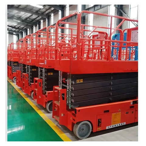 Multiple Killer Electric Scissor Lift Heavy Duty Mobile Scaffold Hydraulic Aerial Work Platform Built like a Tank with Overload Protection for Gritty Job Sites Smooth Operator Design lined up in warehouse.