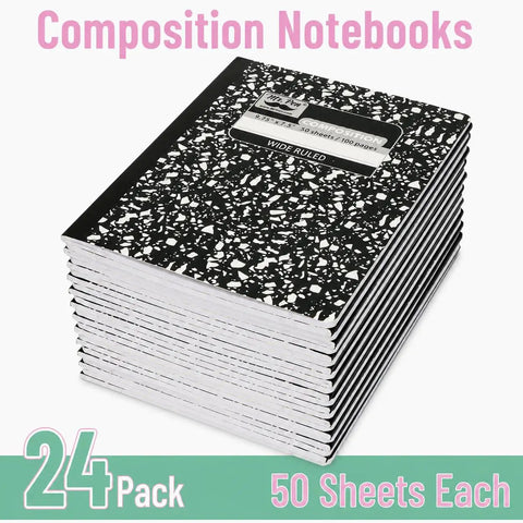 Bulk 24 Pack Composition Notebooks With 50 Sheets Each, Wide Ruled, 9.75 By 7.5 Inches, Hard Cover Black Marble, Built For School