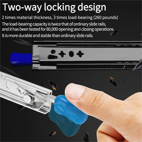 Heavy Duty Locking Drawer Slides 10 Inch Full Extension Side Mount Rails With Ball Bearing For Smooth Quiet Operation 250 Lb Load Capacity Removable Clips For Easy Install two-way locking clip detail