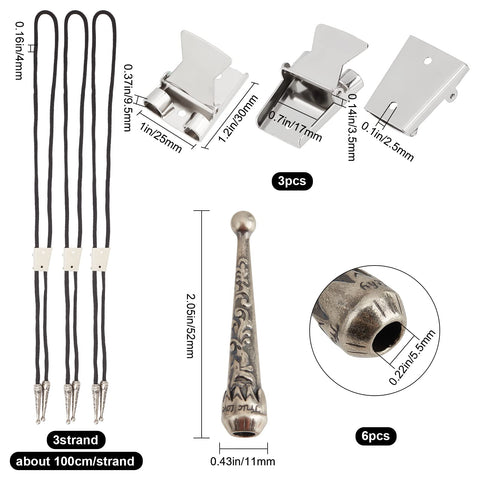 3 Sets Iron Bolo Tie Findings Kit With Sterling Silver Plated End Caps Textured Round Slides Black Cord And Replacement Buckle Clasps