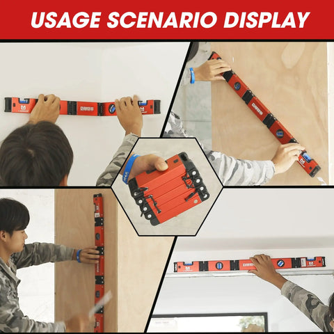 Collage of Pro Grade 28 Inch Foldable Level Tool with 5 Section Design in various usage scenarios, magnetic and compact.