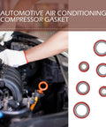 Shop Grade 30 Piece Car Air Conditioning Gasket And Seal Assortment Set 3 Sizes compressor port O rings for repair, red rubber gaskets displayed.