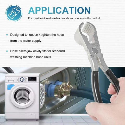 Washer Hose Plier For No Sweat Grip And Tight Seal On Washing Machine Inlet Hoses Universal Fit For Front Load And Top Load Washers With Indented Water Valves And Hard To Reach Hose Connections, silver plier gripping washer hose