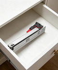 10 Inch Concealed Drawer Rails Soft Close Slides For Wood Drawers, Heavy Duty Cold Rolled Steel shown in an open cabinet drawer