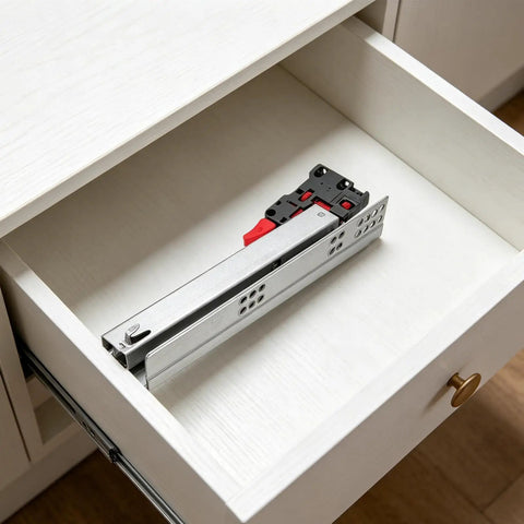 10 Inch Concealed Drawer Rails Soft Close Slides For Wood Drawers, Heavy Duty Cold Rolled Steel shown in an open cabinet drawer