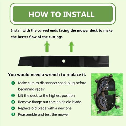Installation guide for Heavy Duty 52 Inch Lawn Mower Blades Replacement Replaces OEM 04771200; steps and diagram included.