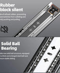 Close-up of Beefy 260 Lb Heavy Duty Drawer Slides with rubber block silent feature and solid ball bearing design for smooth operation.