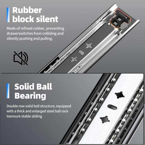 Close-up of Beefy 260 Lb Heavy Duty Drawer Slides with rubber block silent feature and solid ball bearing design for smooth operation.