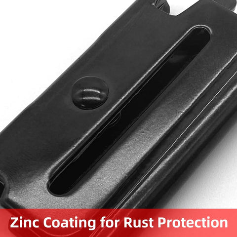 Close-up of black zinc-coated steel hanger from Heavy Duty E Track J Hooks Set For Enclosed Trailers And Cargo Vans X Track Compatible Steel Hanger Anchors 12 Piece Trailer Storage Gear With Spring Fittings Black