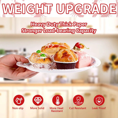 Hand holding 50 Pack Crawfish Boil Disposable Paper Plates Red Grid Oval Heavy Duty Design For Seafood Feasts backyard kickback.