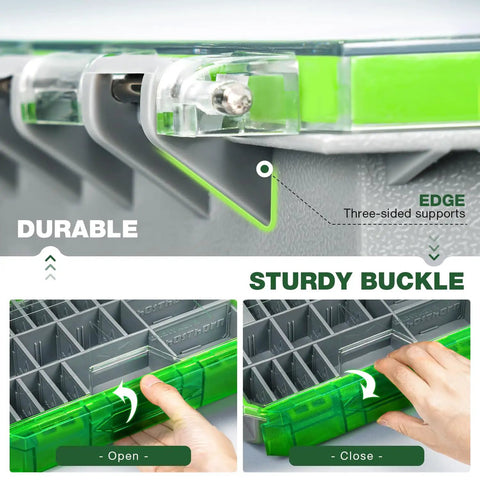 Close-up of waterproof fishing tackle box with durable edge, sturdy buckle, and removable dividers. Waterproof Fishing Tackle Box With 3600 And 3700 Trays, Removable Dividers, Deep Lure And Terminal Tackle Organizer, Durable Plastic Storage Box For Sinker, Hook, Bait And More.