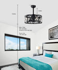 Neojoyoenix 20" 'Industrial Ceiling Fan with Remote Control,3 Speed,AC Motor, Timing,5 PC Blades Small Size - for Bedroom, Living Room ,  NOT Included Bulbs ,  Matte Black with dimensions in a bedroom setting.
