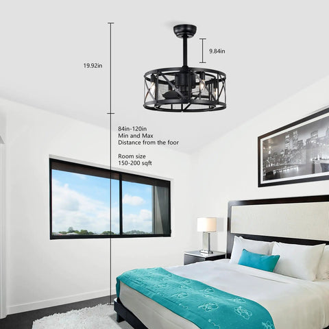 Neojoyoenix 20" 'Industrial Ceiling Fan with Remote Control,3 Speed,AC Motor, Timing,5 PC Blades Small Size - for Bedroom, Living Room ,  NOT Included Bulbs ,  Matte Black with dimensions in a bedroom setting.