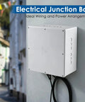 Heavy Duty Waterproof Junction Box With Pre Punched Cutouts For Outdoor Wiring Hassle Free Setup Plastic Electrical Enclosure on wall.