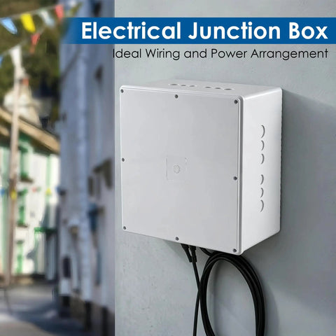 Heavy Duty Waterproof Junction Box With Pre Punched Cutouts For Outdoor Wiring Hassle Free Setup Plastic Electrical Enclosure on wall.