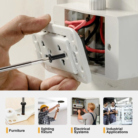 Person using 231 Pieces Machine Screws And Nuts Kit M4 M5 M6 Phillips Flat Round Head 304 Stainless Steel in DIY electrical installation.