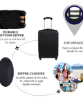 black suitcase protector 18-22 inch with durable zipper closure, top handle access, and bold sublimation design for travel convenience.