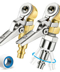 Closed Ball Tire Air Chuck With Clip-On, 0.25 Inch FNPT, And 360 Degree Swivel Quick Plug For Fast Tire Inflation, Car And Truck Use, Durable Clip-On Chuck That Keeps Hoses From Twisting, two metal chucks with swivel connector