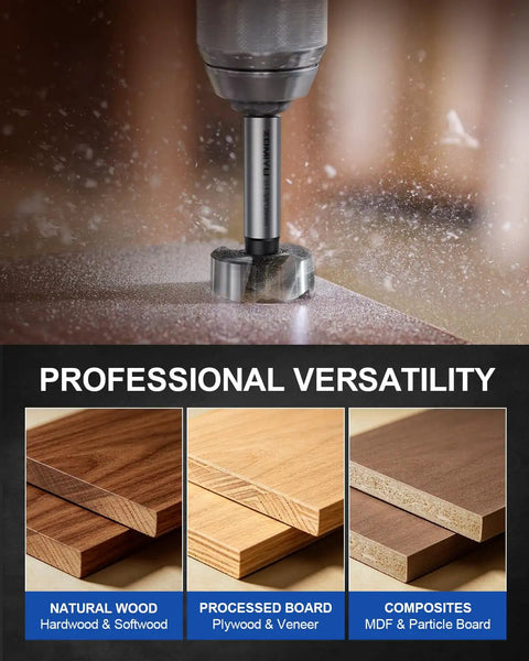 Knockout 2 Pack Of Half Inch Forstner Bits With Multi Tooth Heads For Dead On Accuracy And Slick Flat Bottom Wood Holes Perfect For Cabinet Building And Fine Woodworking Jobs That Work Like A Charm showing drilling in wood.