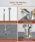 Rock Solid Stainless Steel Handrail For Outdoor Steps featuring installation steps with strong base and drill guide.
