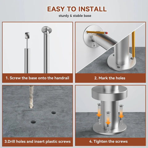 Rock Solid Stainless Steel Handrail For Outdoor Steps featuring installation steps with strong base and drill guide.