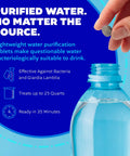 Person holding tablet over bottle, text about water purification, Water Purification Tablets For Travel And Survival visible.