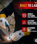 Heavy-Duty Leather Welding Gloves With Extended Cuff For Full Forearm Protection, person welding metal with sparks.