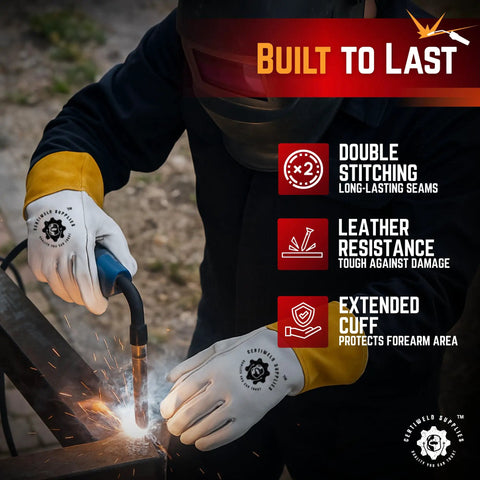 Heavy-Duty Leather Welding Gloves With Extended Cuff For Full Forearm Protection, person welding metal with sparks.