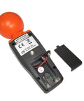 Back view of RF EMF Strength Meter Pro For Home Use 50MHz To 3.5GHz Electromagnetic Field Detector with battery compartment open.