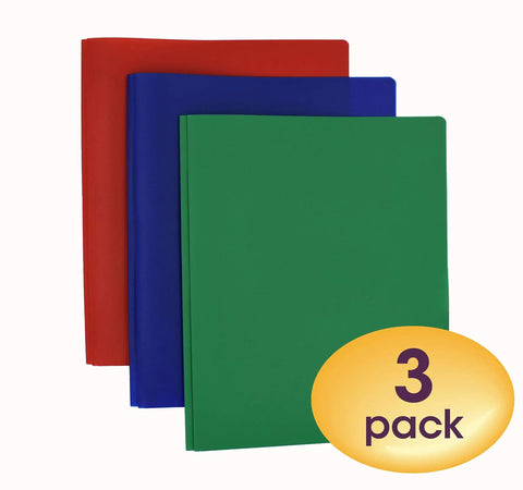 Two Pocket Poly Folder Set With Three Hole Punch Prong Fasteners For Letter Size Papers Assorted Colors Three Per Pack Durable