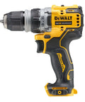 Compact 12V Cordless Drill Driver Workhorse With Offset And Right Angle Adapter Heads For Tight Squeezes No Frills Bare Unit Job Site Ready Tough As Nails Ergonomic Design High Torque Output side view of the drill