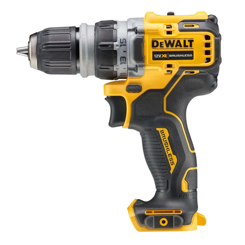 Compact 12V Cordless Drill Driver Workhorse With Offset And Right Angle Adapter Heads For Tight Squeezes No Frills Bare Unit Job Site Ready Tough As Nails Ergonomic Design High Torque Output side view of the drill