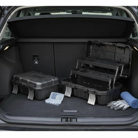 Heavy-Duty Folding Three-Tier Cantilever Tool Chest for home garage and vehicle projects displayed in car trunk.