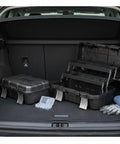 Folding Cantilever Access Organizer Three Tier Tool Chest For Pros Portable Storage in car trunk with gloves and towel