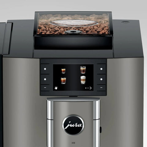 Premium Top Shelf Fully Automatic Coffee Machine Featuring Cold Brew Options And Thirty Four Recipes With Smart Touchscreen displaying coffee beans and drink options.