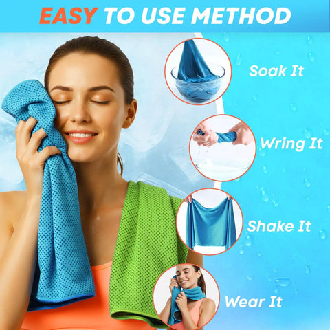 4 Pack Cooling Towels 40x12 Inches Instant Chill Microfiber Sweat Towels demonstration use method