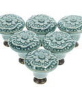 Vintage Ceramic Cabinet Knobs 6 Pack Old School Floral Drawer Pulls With Single Hole Design For Quick Install On Kitchen Cabinets Dressers Sky Blue Durable Ceramic Hardware, shown in a cluster display.