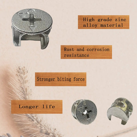 Nickel Plated Zinc Alloy 30 Pack Cam Lock Nut Connectors For Cabinets And Wardrobes, 15mm Diameter, Anti Corrosion Pro Grade