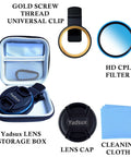 52mm Clip-On CPL Polarizing Filter For All Smartphones Universal Fit shown with storage box, lens cap, and cleaning cloth