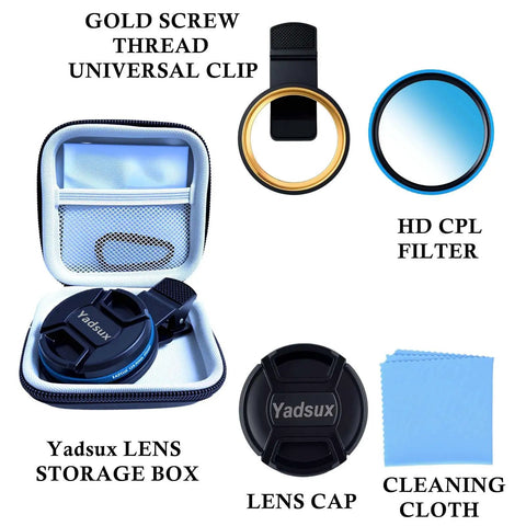 52mm Clip-On CPL Polarizing Filter For All Smartphones Universal Fit shown with storage box, lens cap, and cleaning cloth