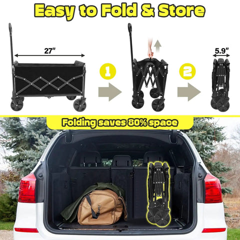 Ultra Portable Collapsible Wagon Cart With Wheels, 360Lb Load Capacity, folding utility wagon stowed in car trunk