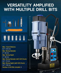 Beast Mode Magnetic Drill Press With 6 Drill Bits, 1550W Copper Motor, close-up view with controls and included accessories.