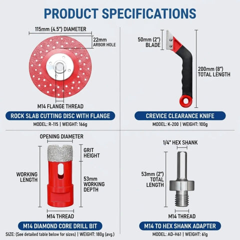 Top Tier 8Pc Diamond Tile Hole Saw Kit With Grout Bit And M14 Adapter For Stone, Tile, Brick Drilling On Angle Grinder Or Power Drill For Tough Home Renovation Jobs This Set Cuts Like A Dream And Never Gets Dull. product specifications showing 115mm disc, 53mm core bit, and M14 adapter