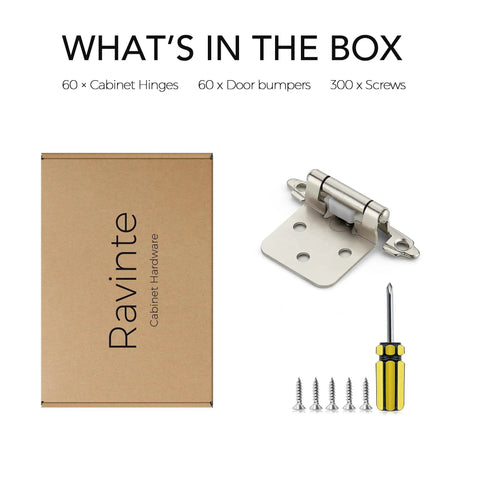60 Pack Cabinet Hinges 30 Pairs One Half Inch Overlay Semi Concealed Face Mount Self Closing With Bumpers And Screwdriver Satin Nickel Kitchen Hardware Easy Install For Face Frame Cabinets box, hinge, screwdriver, screws