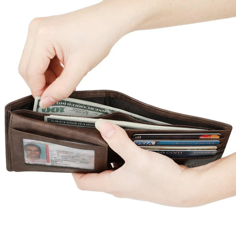 Person holding Men's Genuine Leather RFID Blocking Bifold Wallet With Two ID Windows Vegetable Tanned Cowhide Coffee Galaxy Finish.