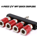 Four Way Air Manifold Splitter With Four Quick Connect Couplers And One Quarter Inch MNPT Plug Aluminum Body With Nickel Plated Steel Fittings And Anodized Sleeves Red And Blue Color Coded Air Fittings For Easy Pro Flow Setup