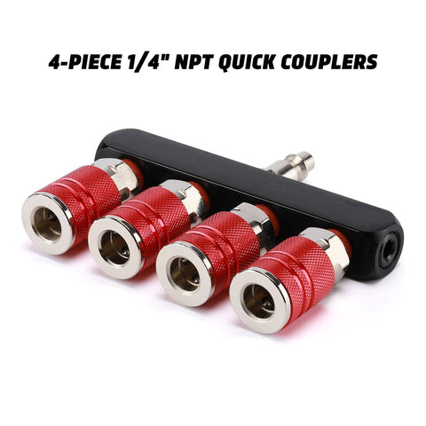 Four Way Air Manifold Splitter With Four Quick Connect Couplers And One Quarter Inch MNPT Plug Aluminum Body With Nickel Plated Steel Fittings And Anodized Sleeves Red And Blue Color Coded Air Fittings For Easy Pro Flow Setup