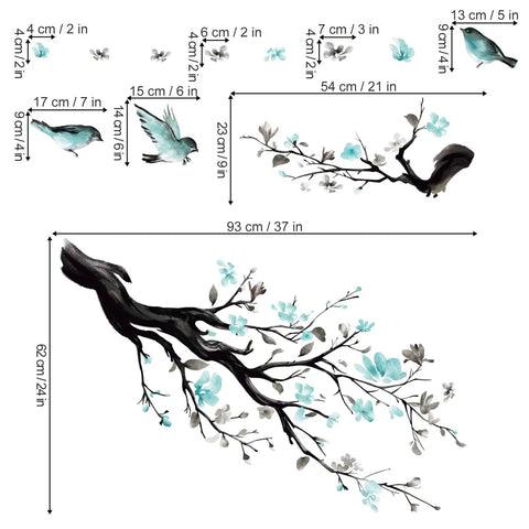 Watercolor Blue Flower Wall Decals With Birds And Tree Branches For Living Room And TV Backdrop Dope Easy Peel And Stick Removable Waterproof Wall Sticker Decor For Modern Home