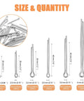 Image showing 150 Piece 304 Stainless Steel Cotter Pin Clip Fastener Assortment Kit For Bolt Applications, various sizes displayed.
